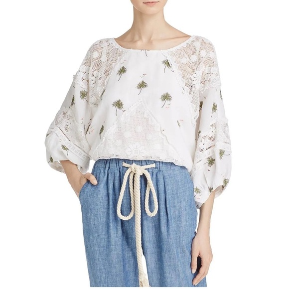 Free People Carolina Mindset Top White backless tie SZ M palm print linen blend - Picture 1 of 9